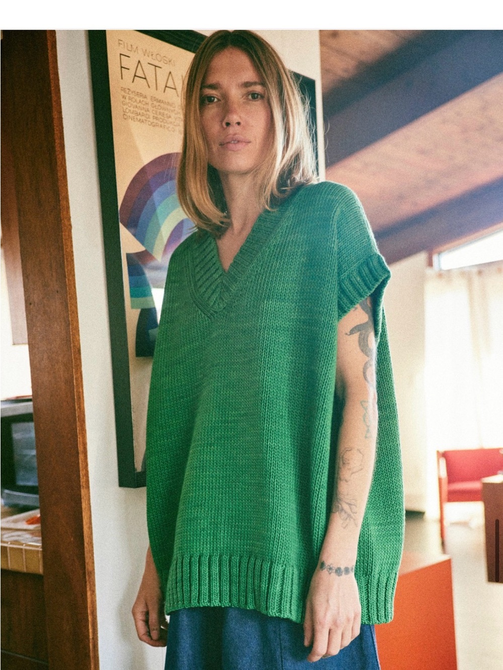 Misha & Puff Oversized Green V-Neck Knit Sweater Vest One Size